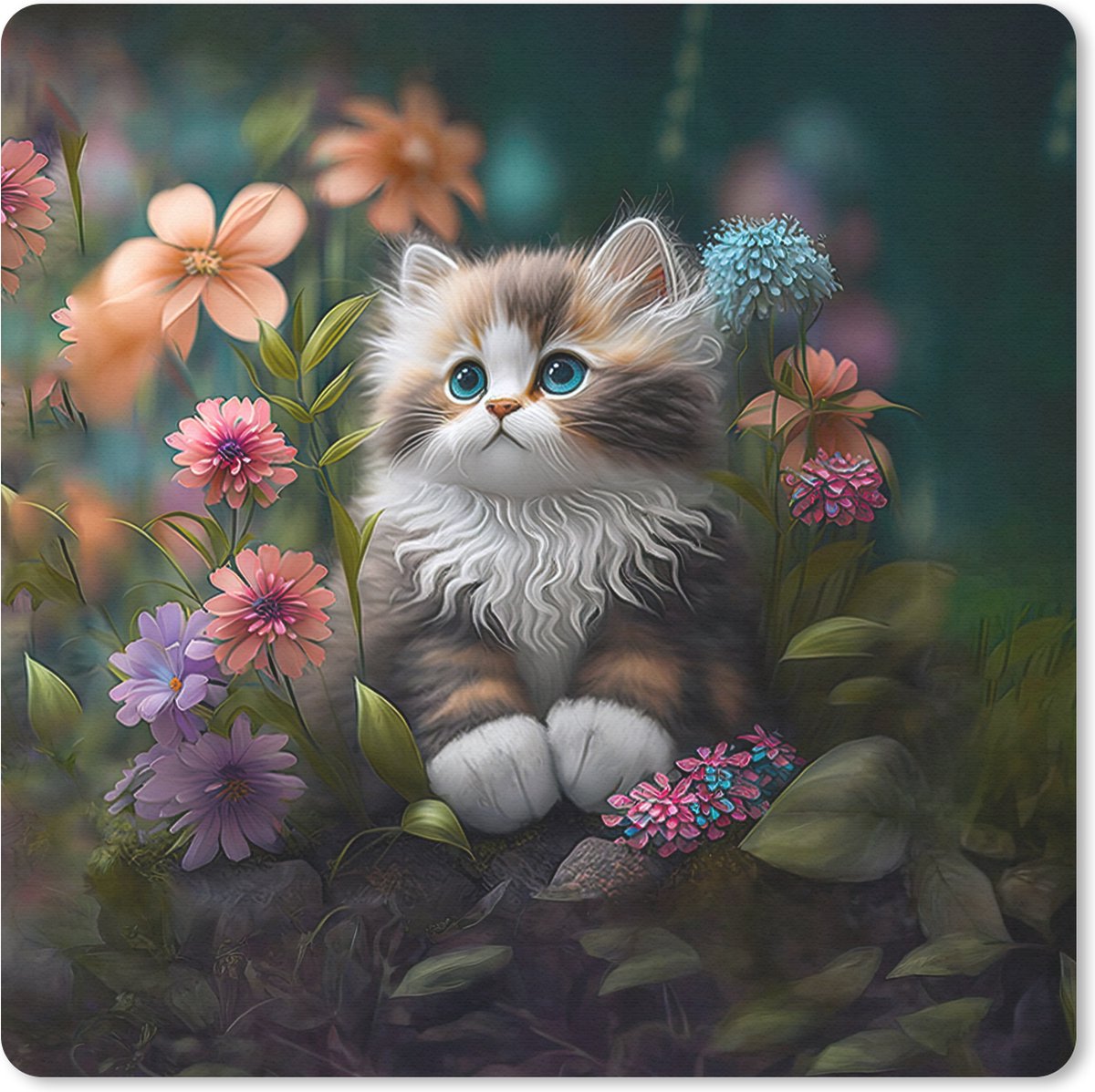 Muismat 30x30 cm - Mousepad Kitten - Illustratie - Bloemen - Natuur - Kat - Muismatten