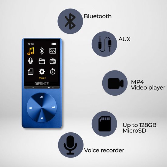 Difrnce MP3 / MP4 Speler - Bluetooth - USB - Shuffle - tot 128GB - Incl.  Oordopjes -... | bol.com