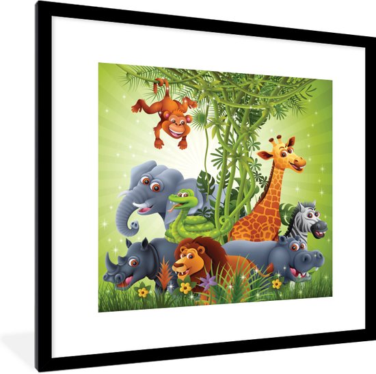 Fotolijst incl. Poster - Jungle dieren - Planten - Kinderen - Olifant - Giraf - Leeuw - 40x40 cm - Posterlijst