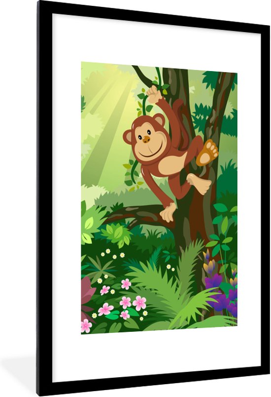 Fotolijst incl. Poster - Aap - Jungle - Jongens - Meisjes - Bloemen - Kids - 80x120 cm - Posterlijst