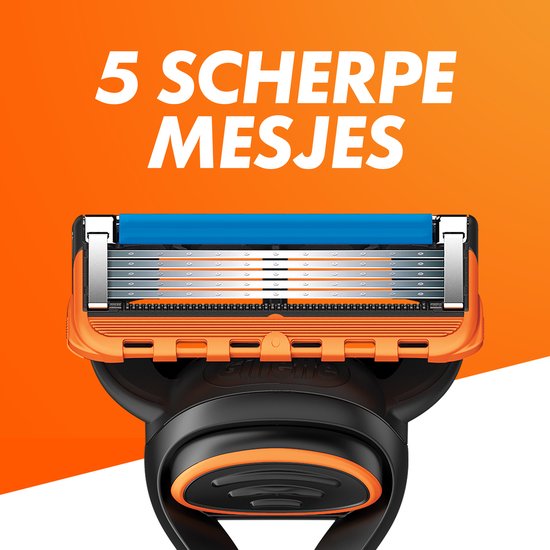 Scheermesje met 5 scherpe mesjes, oranje en zwarte houder, blauwe strip.