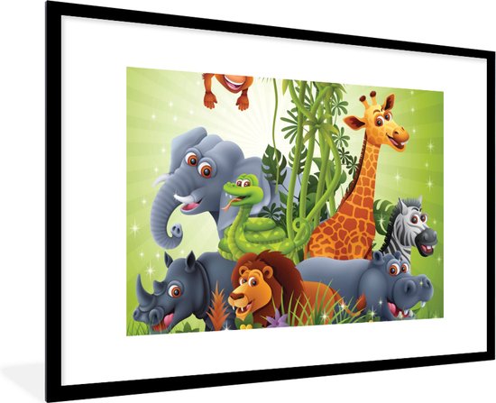 Fotolijst incl. Poster - Jungle dieren - Planten - Kinderen - Olifant - Giraf - Leeuw - 120x80 cm - Posterlijst