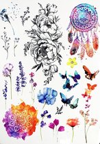 Tijdelijke tattoo - tattoo nep - aquarel - dromenvanger - bloemen - vlinder - 20 stuks - gekleurd - neptattoo