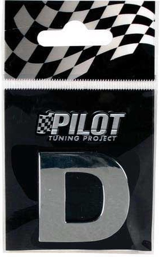 Zilverkleurige chroom letter D van Pilot Tuning Project met geruite vlag op de verpakking.