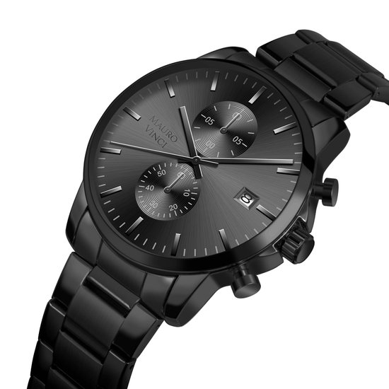 Heren horloge zwart staal chronograaf – Mauro Vinci Blackhawk – Horloges voor mannen met luxe lederen bewaardoos