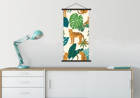 Posterhanger incl. Poster 60x120 cm - Schoolplaat - Jungle - Luipaard - Planten - Patroon - Meiden - Jongens - Textielposter - Zwarte latten