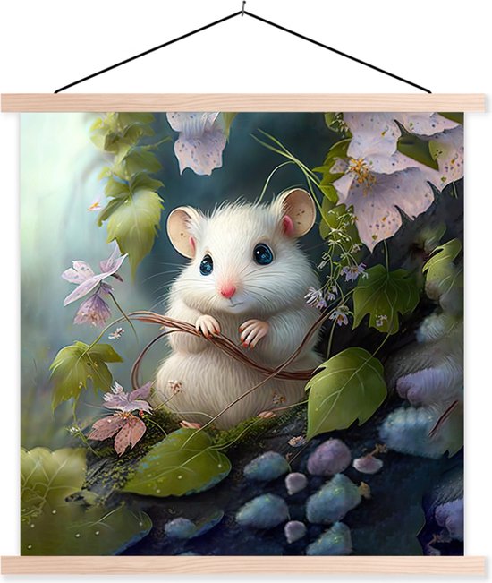 Posterhanger incl. Poster 60x60 cm - Schoolplaat - Muis - Bos - Bloemen - Illustratie - Bosdieren - Textielposter - Blanke latten