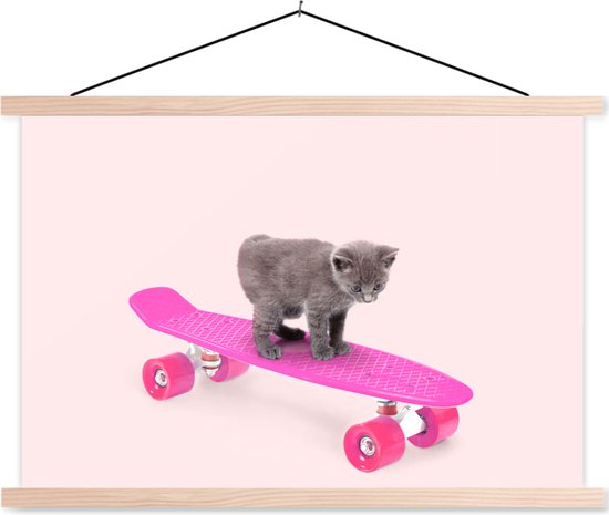 Schoolplaat - Textielposter poes - Poes - Kitten - Dieren - Skateboard - Roze - 150x100 cm - Wanddecoratie - Muurdoek