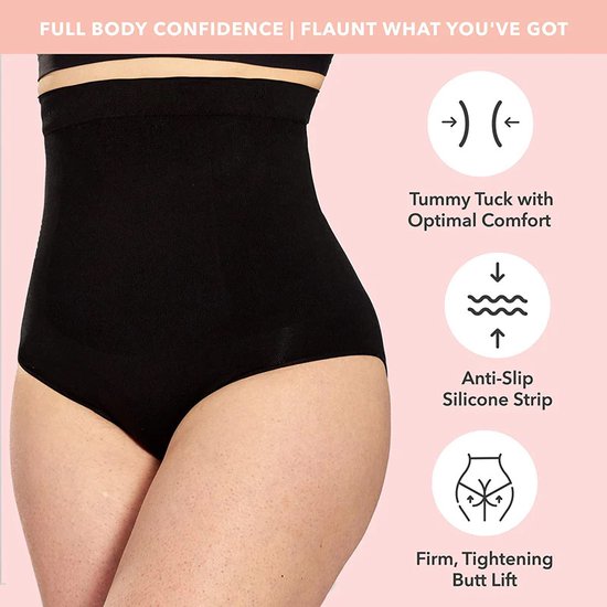 Zwarte, naadloze shapewear broek met hoge taille voor buikcorrectie en billift.