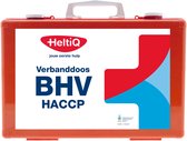 Oranje HeltiQ verbanddoos met witte en rode opdruk: 'HeltiQ jouw eerste hulp Verbanddoos BHV HACCP'.