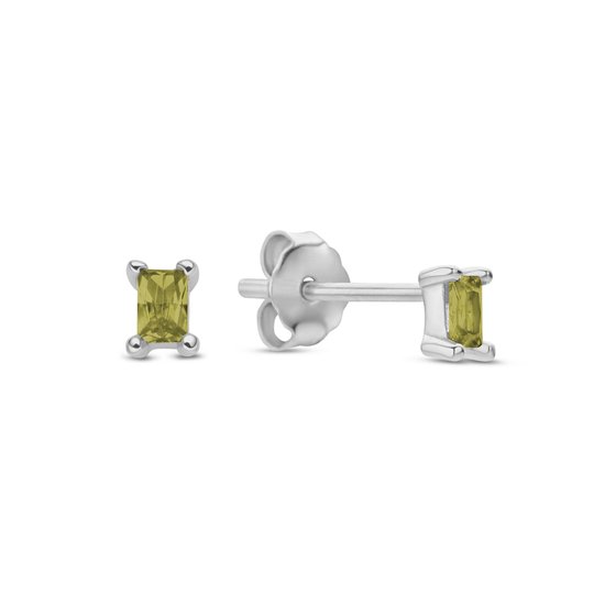 New Bling 9NB-1027 Zilveren Oorknopjes met Zirkonia - 2x3,5mm - Olijf Groen - Baquette - Rhodium - Zilver