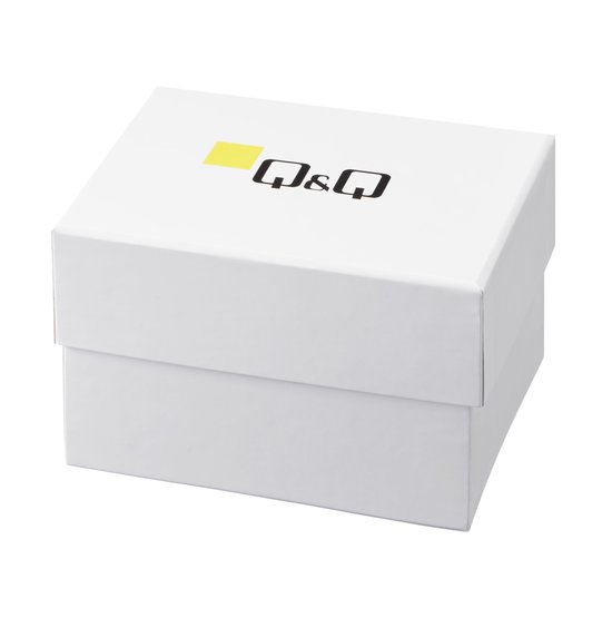 Boîte à montre Q&Q blanche avec logo noir et point jaune.