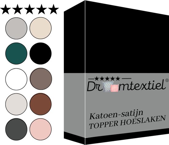 Droomtextiel Katoen - Satijnen Topper Hoeslaken Zwart - Lits-Jumeaux - 180x200 cm - Hoogwaardige Kwaliteit - Super Zacht