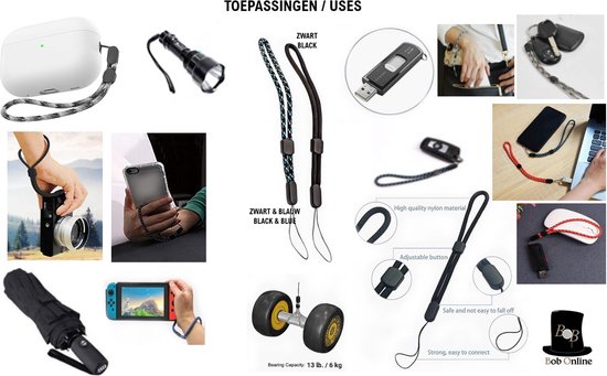SURPHY 2 stuks Polsband Lanyard voor telefoon, verstelbare combinatieriem compatibel met koptelefoon, telefoon portemonnee sleutelhanger USB-stick, Zwart & Ijsblauw