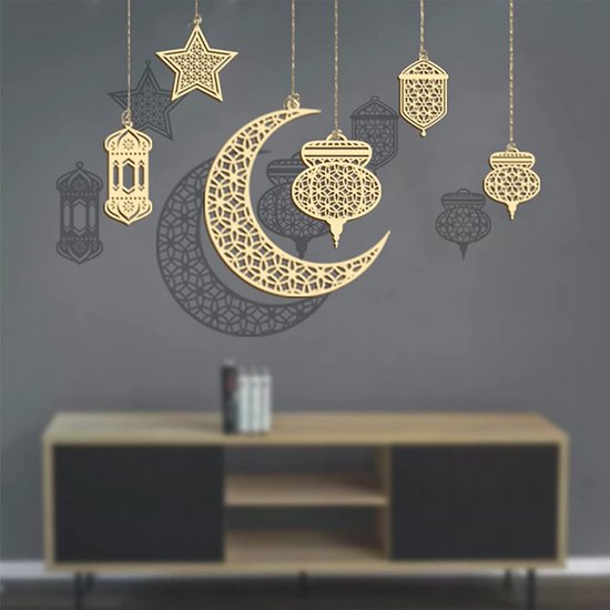 Foto: 6 stuks houten hangers ornament ramadan kareem decoratie maan sterren wind licht vorm hanger ornament voor moslim ramadan eid mubarak eid party decoraties