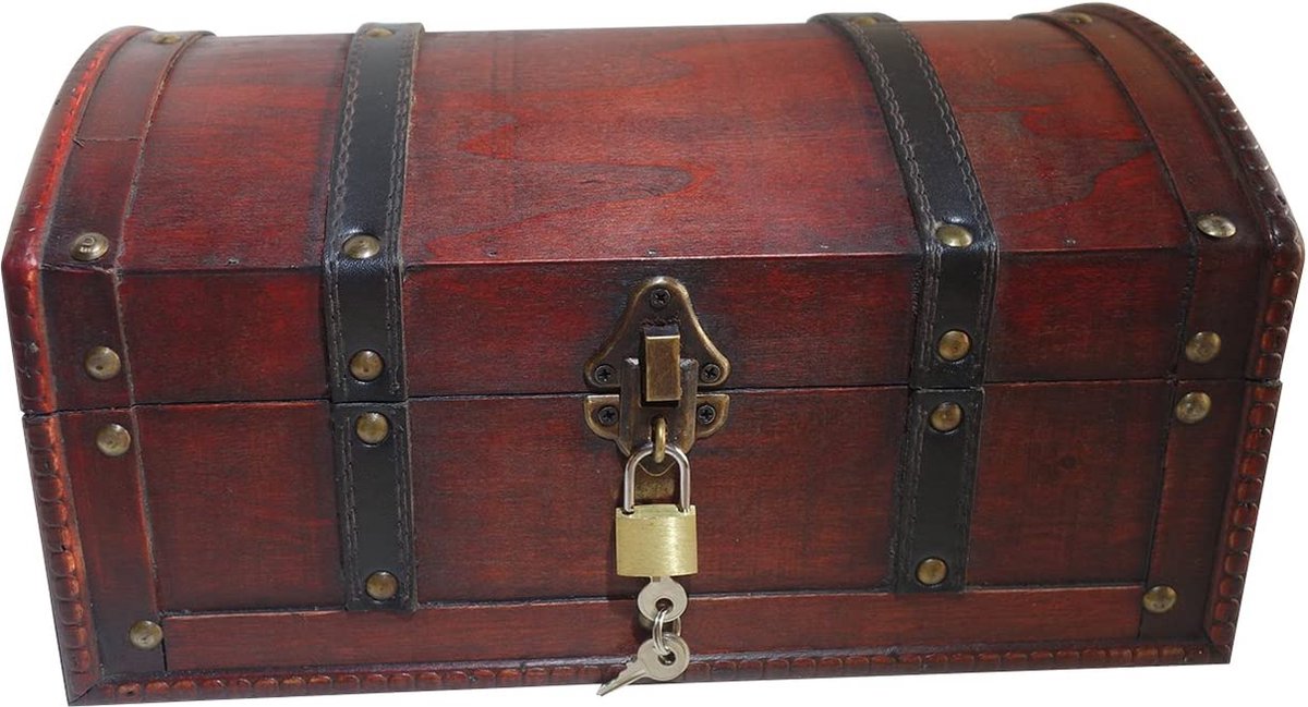 Schatkist - houten kist, piratenkist, geschenkdoos, afsluitbaar met deksel en slot met sleutel, schatkist 30 x 20 x 15 cm groot