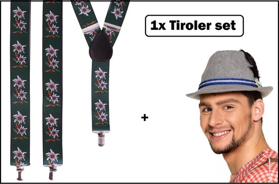 Tiroler bretel + Tirolerhoed grijs jagershoedje - Tiroler festival set - Tirol bierfeest Oktoberfest bier feest apres ski thema feest biertje bier festival