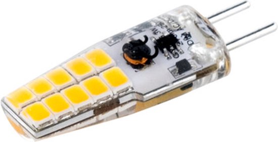 Warm witte LED lamp met zilveren pinnen, gedetailleerd met componenten.