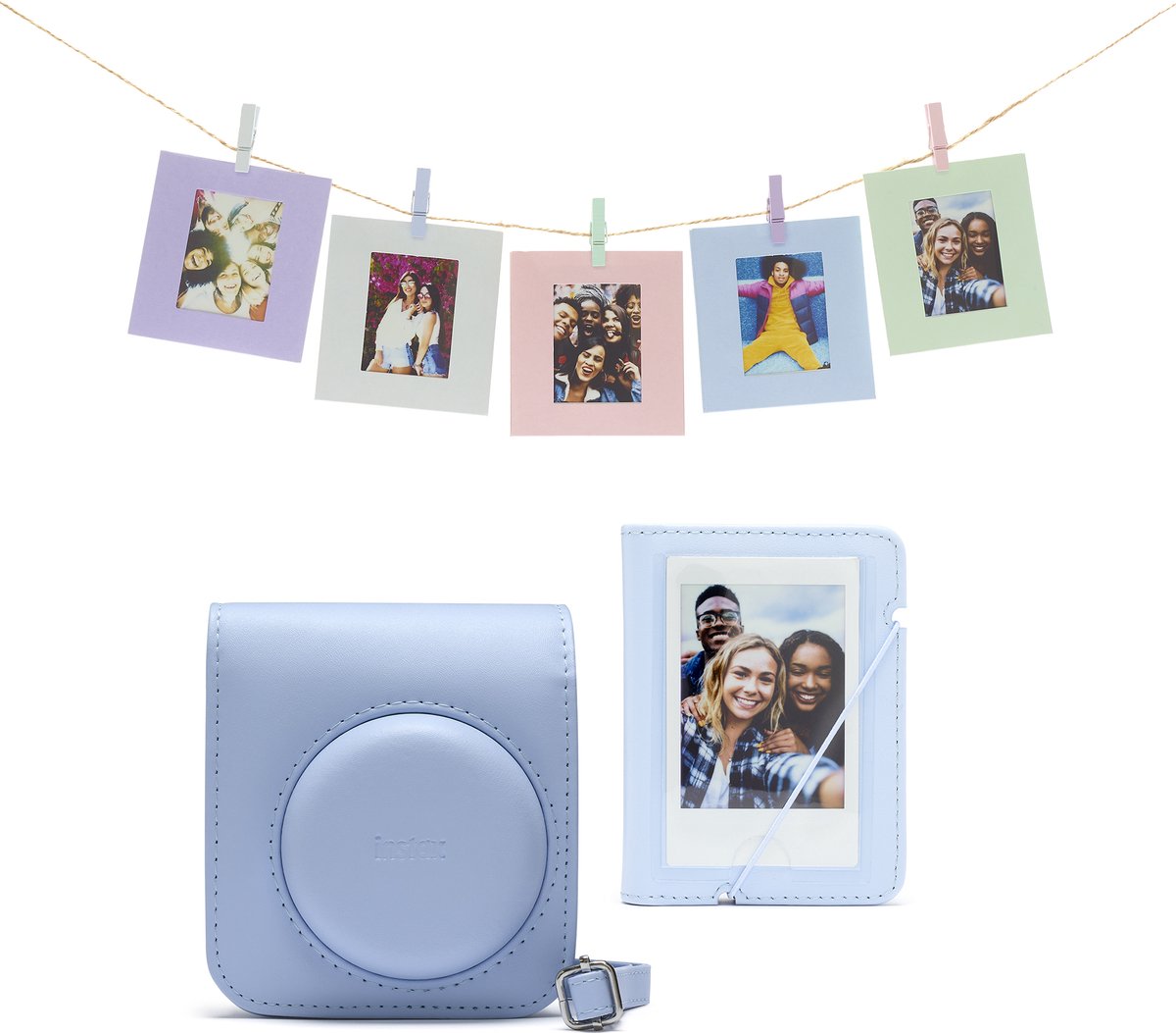 Fujifilm Instax Mini 12 accessoires - Cameratas, fotokaarten met clips & fotoalbum - Pastel Blauw