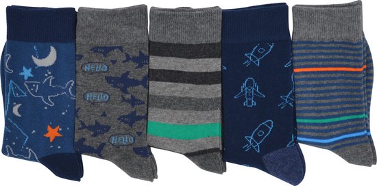 Jongens sokken 5-PACK - ruimte haaien -blauw/groen/oranje - maat 27/30 - 80% katoen