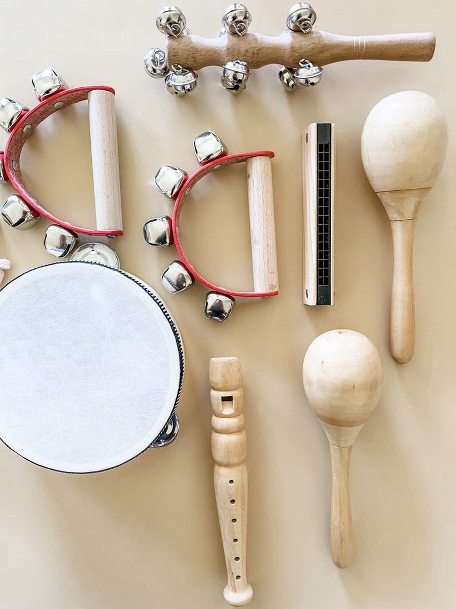 WoodyDoody Montessori Speelgoed Muziek Instrumenten Set van Hout Hoogwaardig Houten Speelgoed Instrumenten Set - Educatief Speelgoed Muziek Set 14 Delig van Hout - Leren Instrumenten Spelen Set - incl Linnen Opbergtas — afbeelding 4