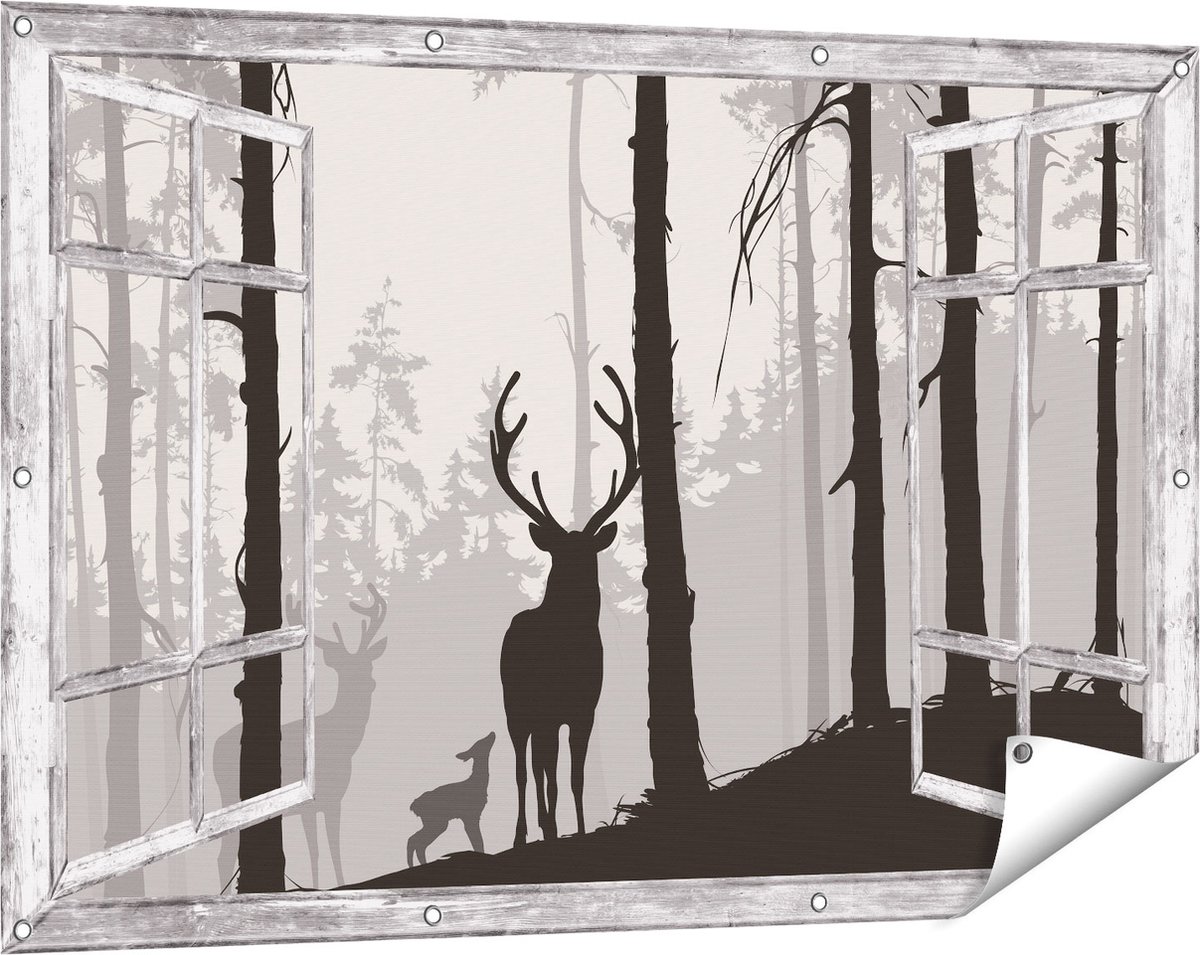 Gards Tuinposter Doorkijk Herten in het Bos - Silhouet - 120x80 cm - Tuindoek - Tuindecoratie - Wanddecoratie buiten - Tuinschilderij grijs