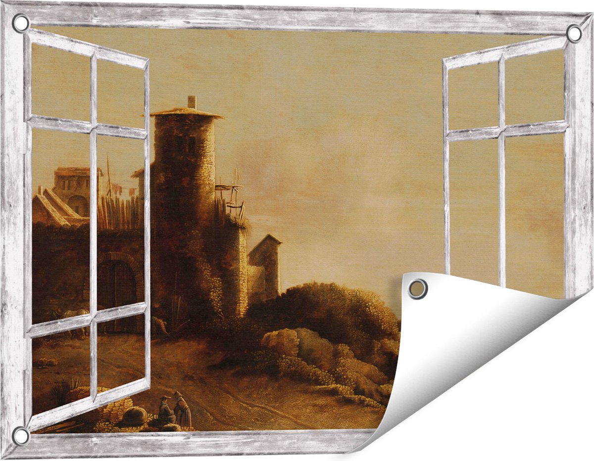 Gards Tuinposter Doorkijk Landschap - Claude de Jongh - 60x40 cm - Tuindoek - Tuindecoratie - Wanddecoratie buiten - Tuinschilderij Grijs