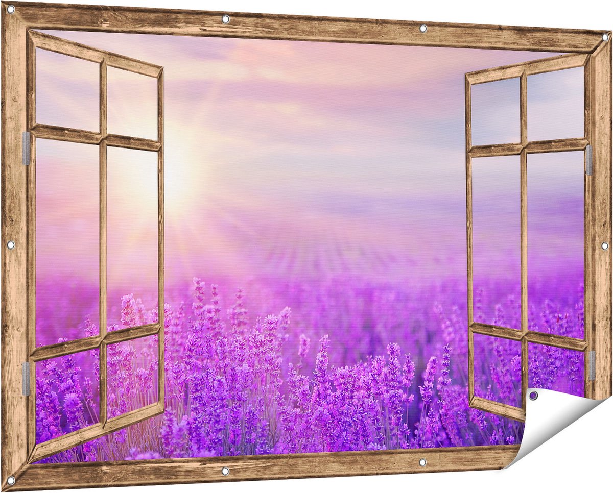 Gards Tuinposter Doorkijk Bloemenveld met Paarse Lavendel - 150x100 cm - Tuindoek - Tuindecoratie - Wanddecoratie buiten - Tuinschilderij Licht bruin