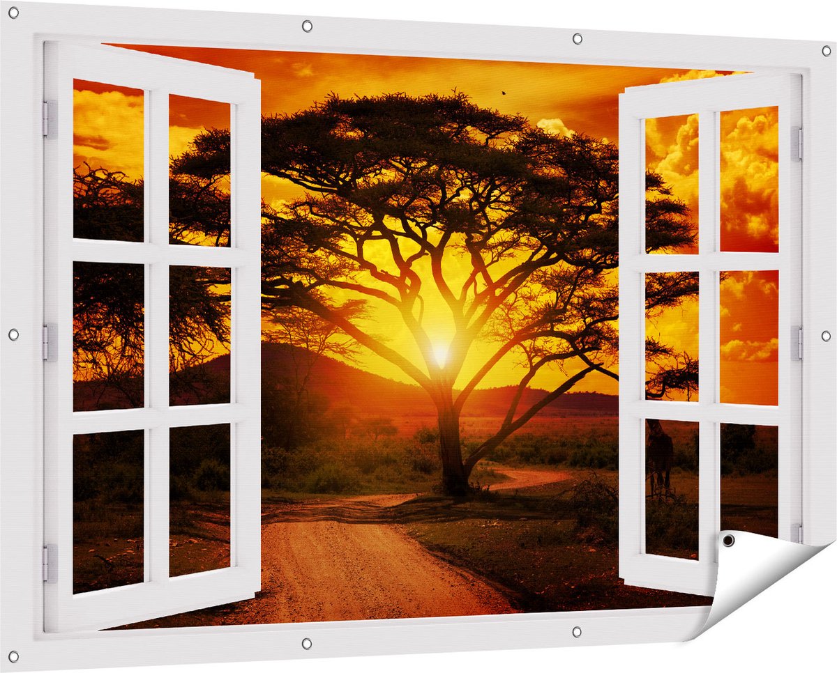 Gards Tuinposter Doorkijk Zonsondergang Achter een Savanne Boom - 150x100 cm - Tuindoek - Tuindecoratie - Wanddecoratie buiten - Tuinschilderij Wit
