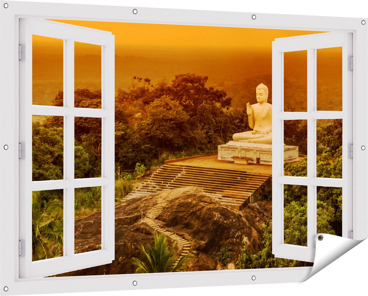 Gards Tuinposter Doorkijk Boeddha Beeld bij een Tempel in het Bos - 150x100 cm - Tuindoek - Tuindecoratie - Wanddecoratie buiten - Tuinschilderij Wit