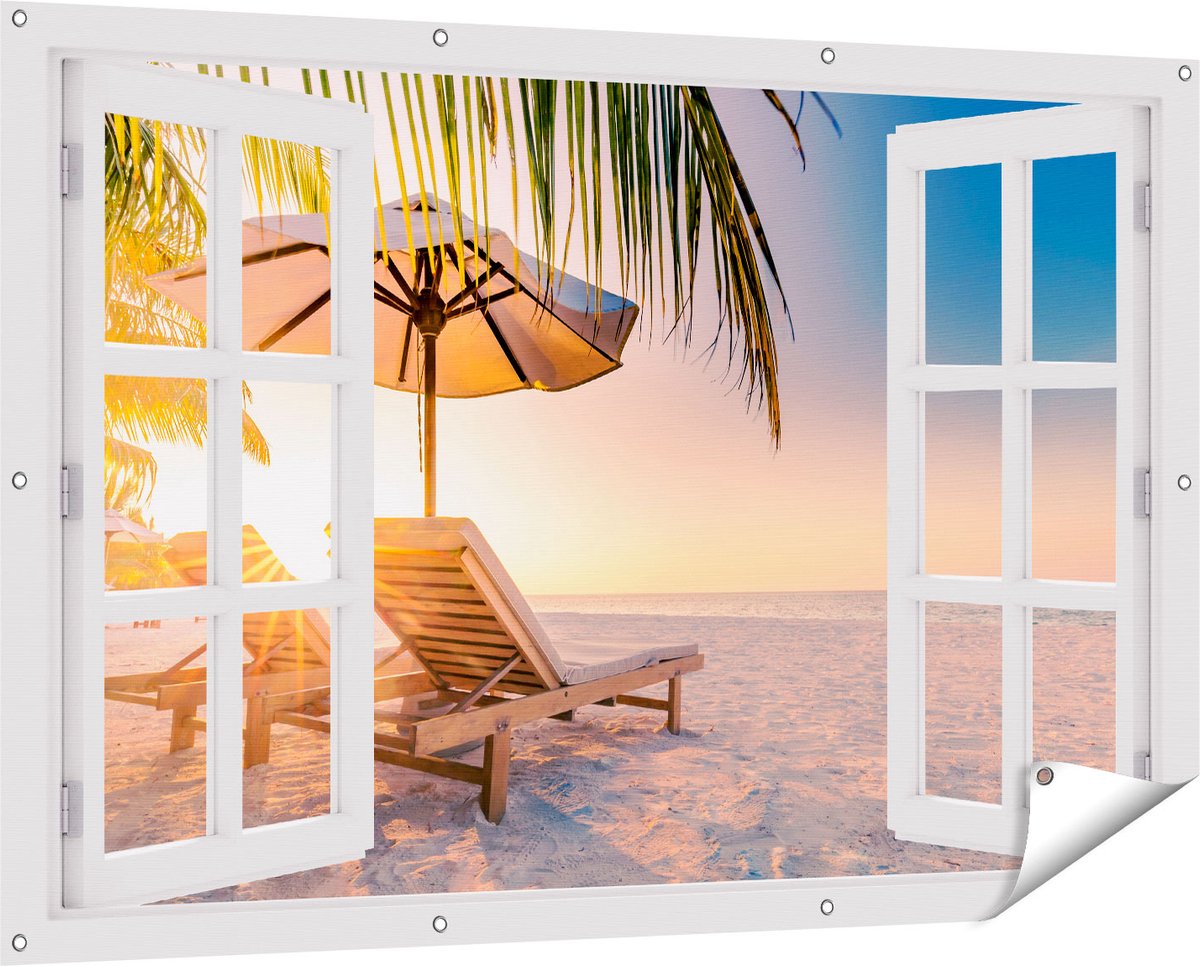 Gards Tuinposter Doorkijk Tropisch Strand tijdens Zonsondergang - 150x100 cm - Tuindoek - Tuindecoratie - Wanddecoratie buiten - Tuinschilderij Wit