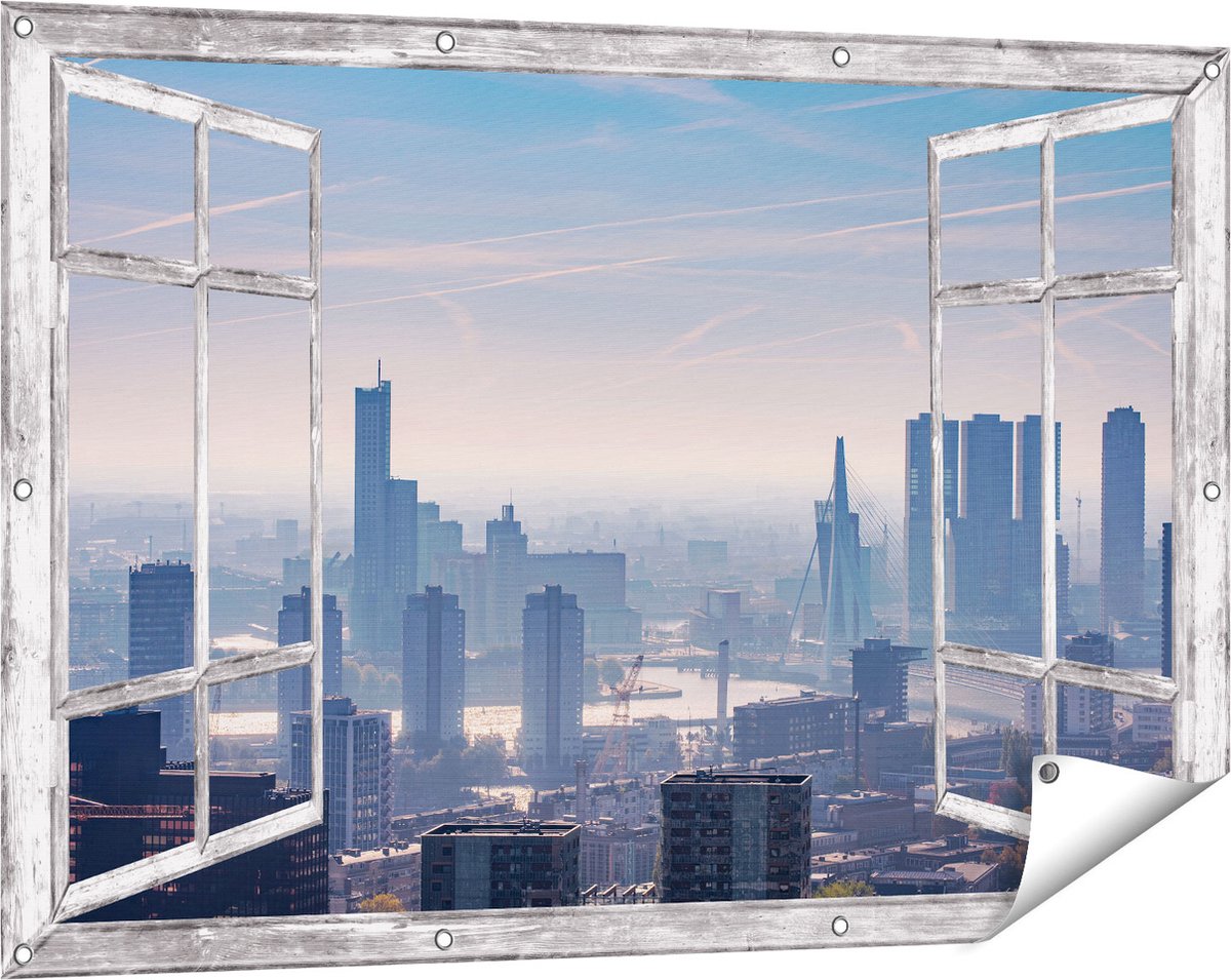 Gards Tuinposter Doorkijk Rotterdamse Skyline - 120x80 cm - Tuindoek - Tuindecoratie - Wanddecoratie buiten - Tuinschilderij Grijs