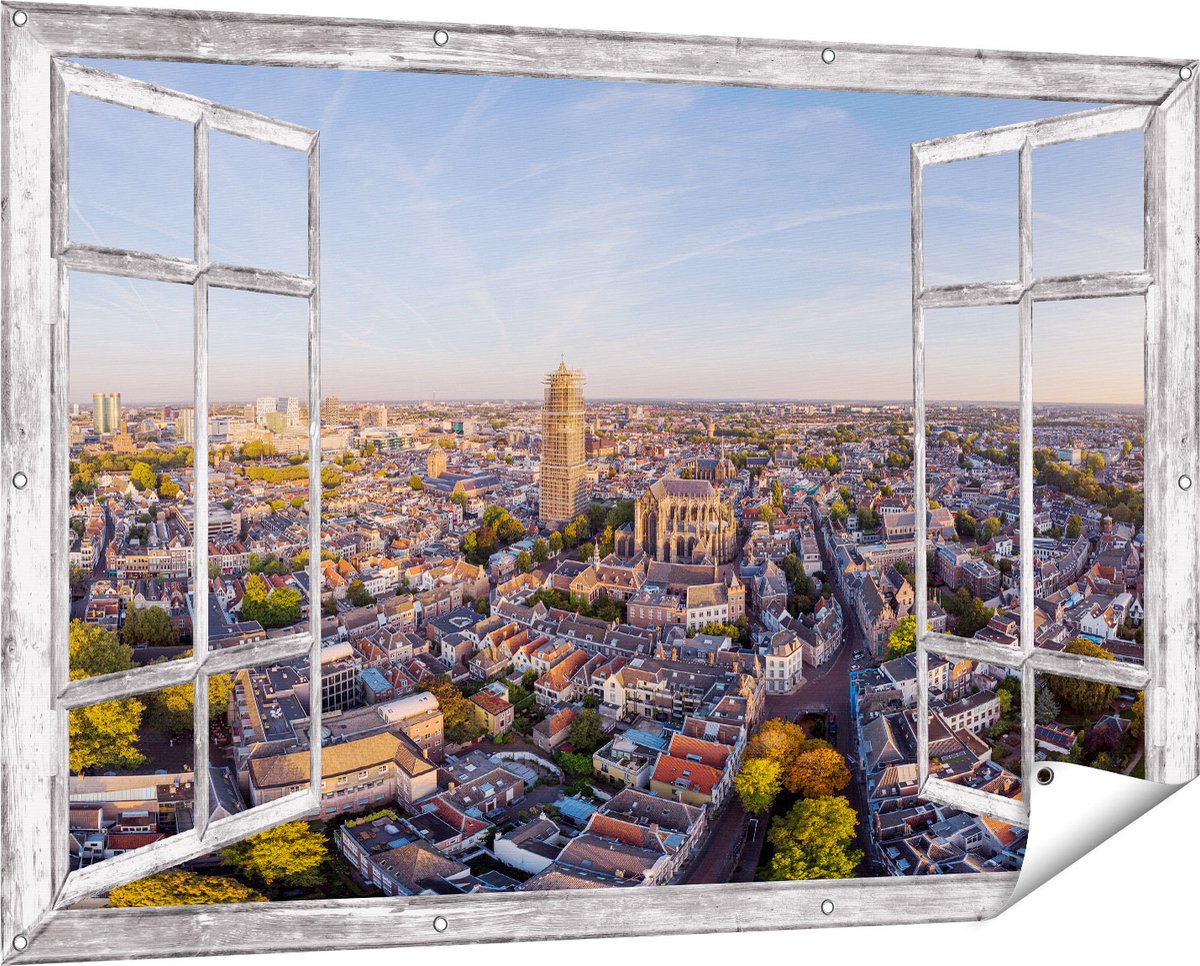 Gards Tuinposter Doorkijk Utrecht vanuit de Lucht - 150x100 cm - Tuindoek - Tuindecoratie - Wanddecoratie buiten - Tuinschilderij Grijs