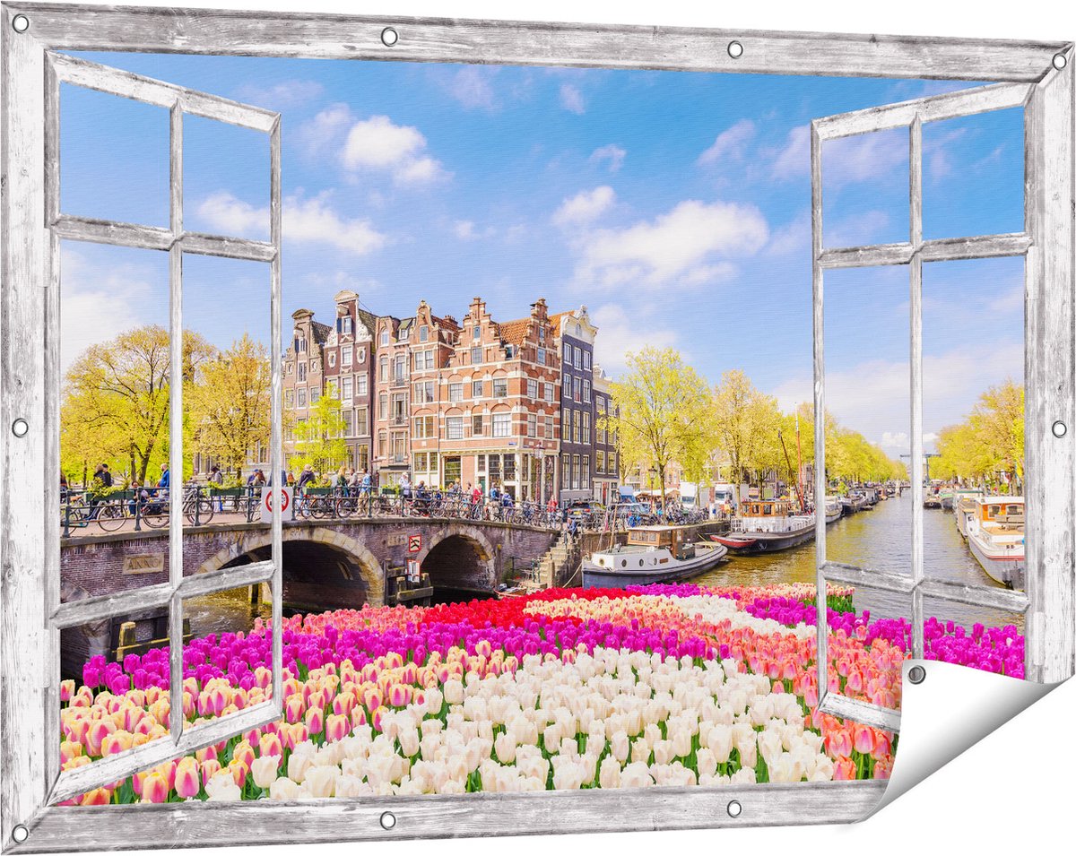Gards Tuinposter Doorkijk Amsterdamse Huisjes aan de Grachten - 120x80 cm - Tuindoek - Tuindecoratie - Wanddecoratie buiten - Tuinschilderij Grijs