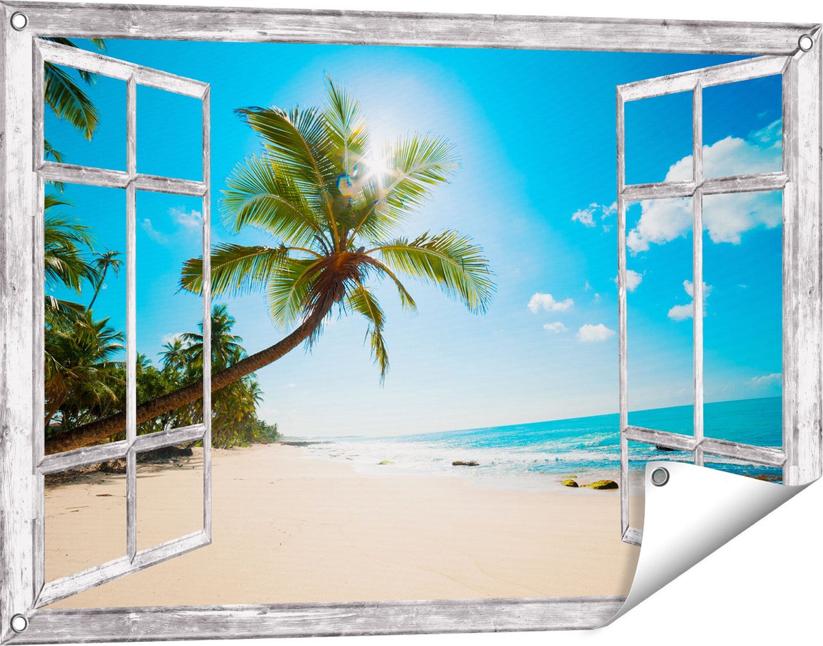 Gards Tuinposter Doorkijk Tropisch Strand en Zee in Sri Lanka - 90x60 cm - Tuindoek - Tuindecoratie - Wanddecoratie buiten - Tuinschilderij Grijs
