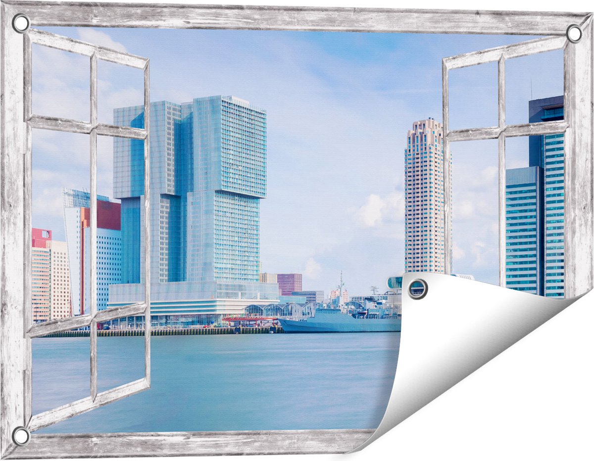 Gards Tuinposter Doorkijk Rotterdamse Skyline aan het Water - 60x40 cm - Tuindoek - Tuindecoratie - Wanddecoratie buiten - Tuinschilderij Grijs