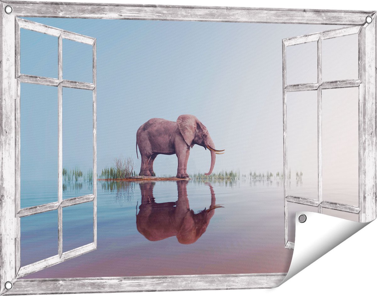 Gards Tuinposter Doorkijk Olifant bij het Water - 90x60 cm - Tuindoek - Tuindecoratie - Wanddecoratie buiten - Tuinschilderij Grijs