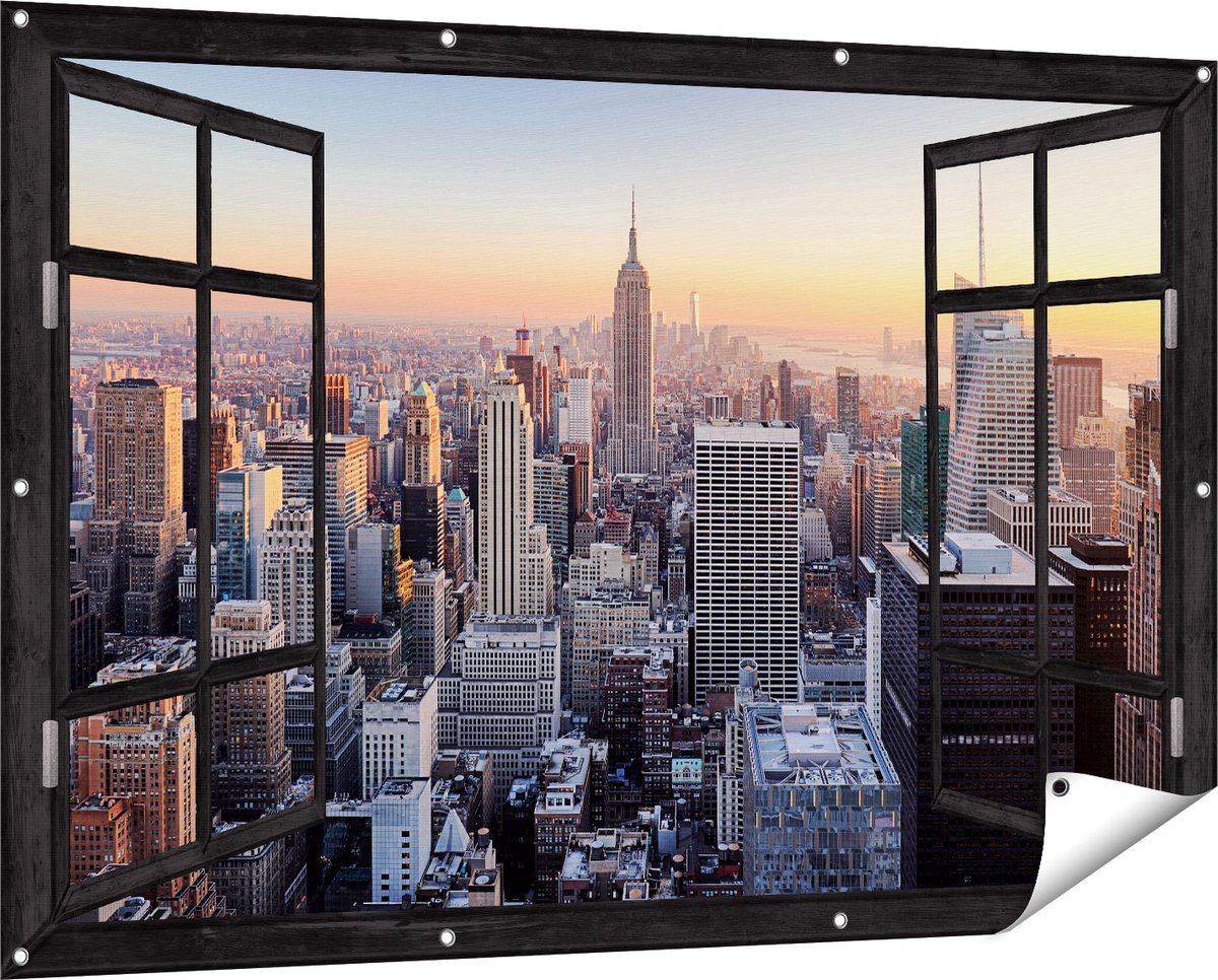 Gards Tuinposter Doorkijk New York Skyline met Wolkenkrabbers - 150x100 cm - Tuindoek - Tuindecoratie - Wanddecoratie buiten - Tuinschilderij zwart