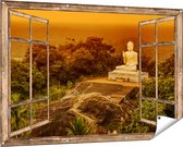 Gards Tuinposter Doorkijk Boeddha Beeld bij een Tempel in het Bos - 150x100 cm - Tuindoek - Tuindecoratie - Wanddecoratie buiten - Tuinschilderij