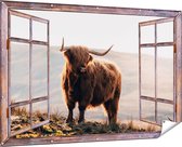 Gards Tuinposter Doorkijk Schotse Hooglander in de Heuvels van Schotland - 180x120 cm - Tuindoek - Tuindecoratie - Wanddecoratie buiten - Tuinschilderij