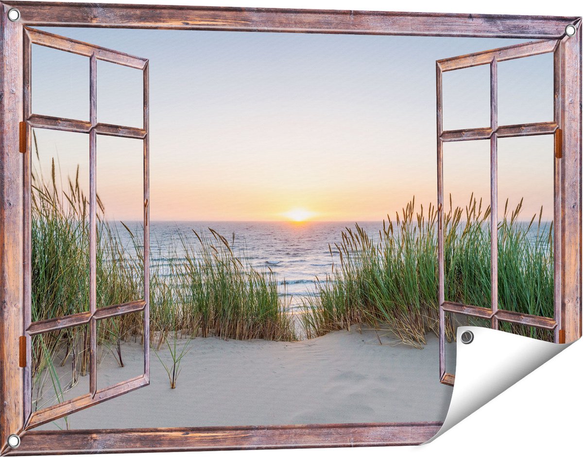 Gards Tuinposter Doorkijk Zee vanuit Duinen met Zonsondergang - 90x60 cm - Tuindoek - Tuindecoratie - Wanddecoratie buiten - Tuinschilderij bruin