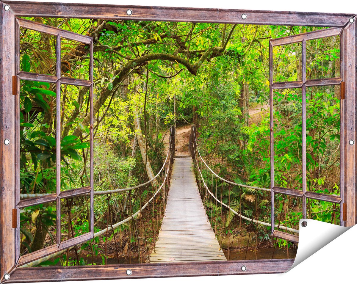 Gards Tuinposter Doorkijk Hangbrug - 120x80 cm - Tuindoek - Tuindecoratie - Wanddecoratie buiten - Tuinschilderij Bruin