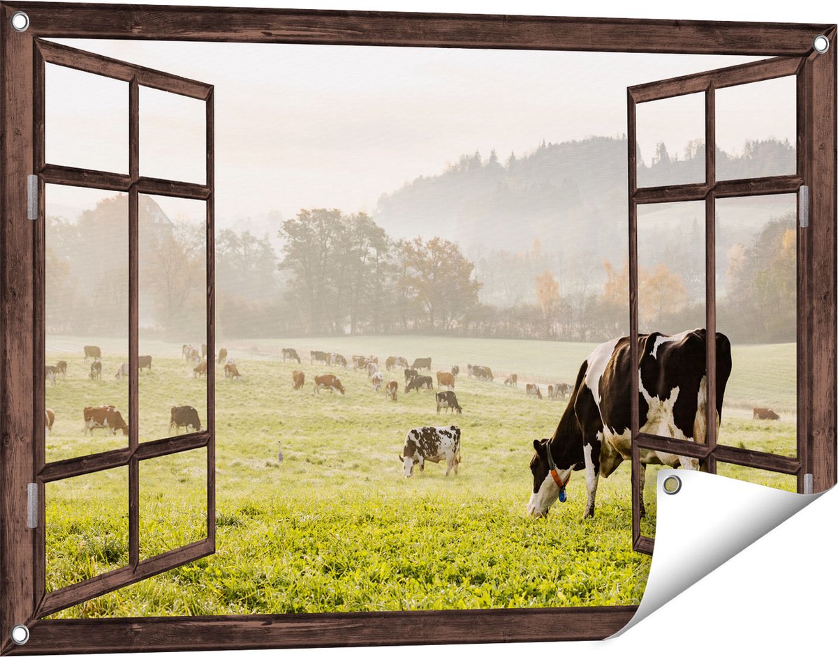 Gards Tuinposter Doorkijk Zwart Witte Koeien in de Wei - 90x60 cm - Tuindoek - Tuindecoratie - Wanddecoratie buiten - Tuinschilderij Donker bruin