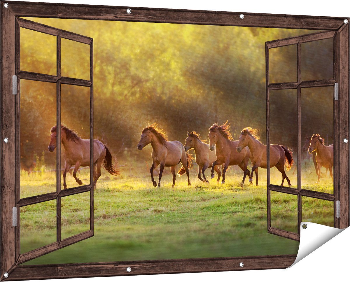 Gards Tuinposter Doorkijk Kudde Bruine Paarden in de Wei - 150x100 cm - Tuindoek - Tuindecoratie - Wanddecoratie buiten - Tuinschilderij