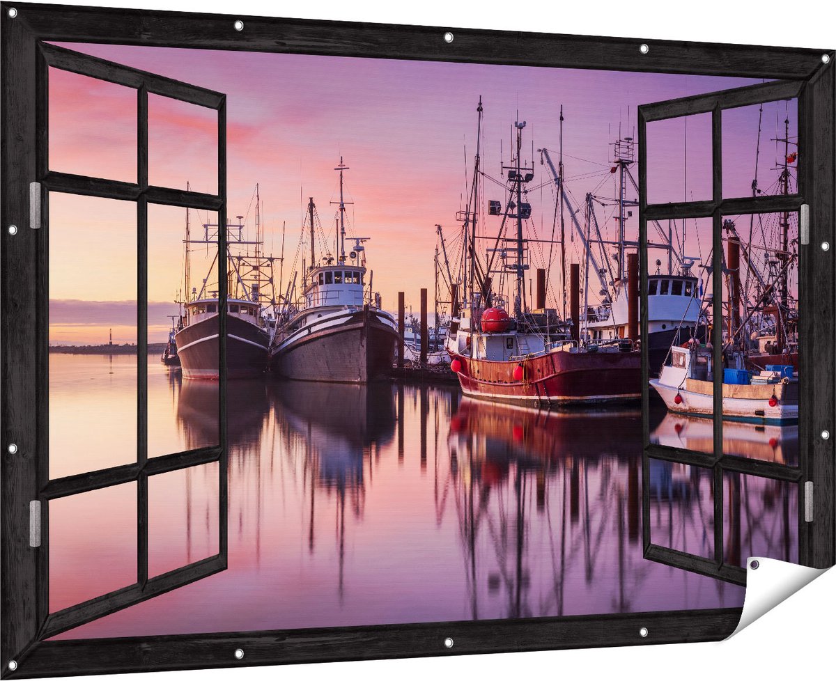 Gards Tuinposter Doorkijk Schepen in de Haven - Boten - 180x120 cm - Tuindoek - Tuindecoratie - Wanddecoratie buiten - Tuinschilderij Multikleur