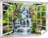 Gards Tuinposter Doorkijk Tropische Waterval in Thailand - 150x100 cm - Tuindoek - Tuindecoratie - Wanddecoratie buiten - Tuinschilderij