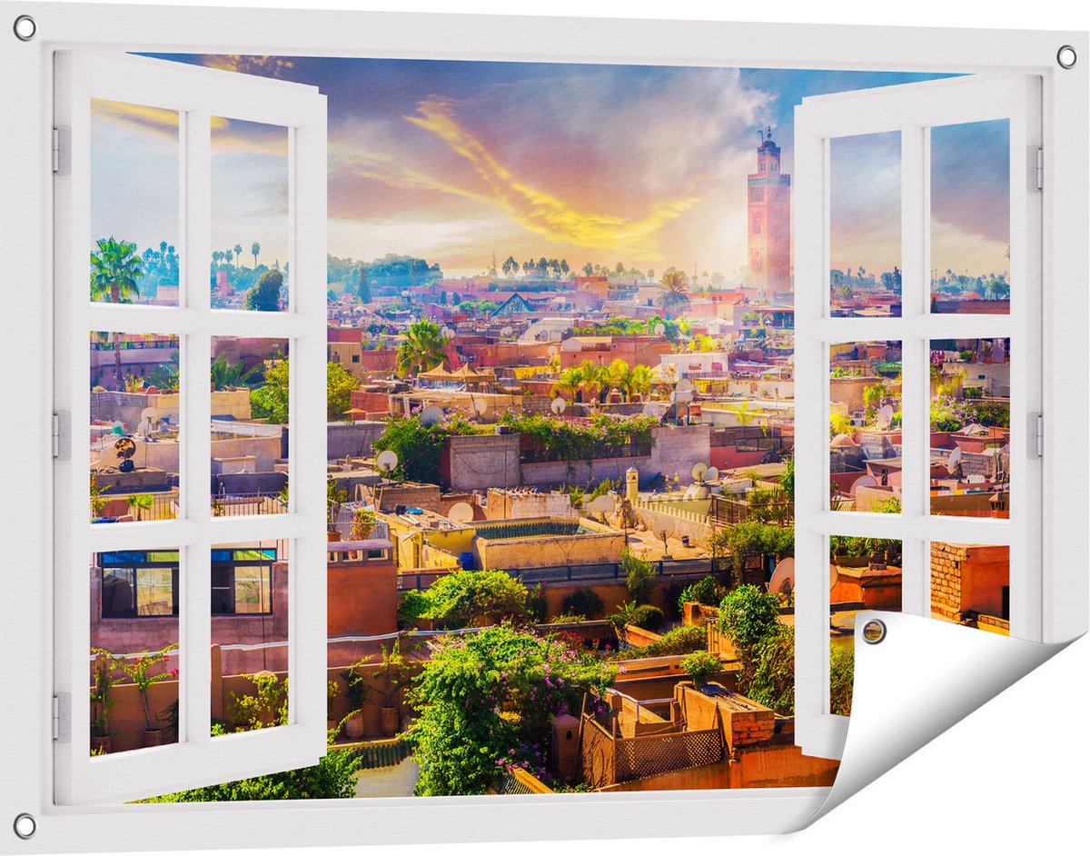 Gards Tuinposter Doorkijk Medina van Marrakesh in Marokko - 90x60 cm - Tuindoek - Tuindecoratie - Wanddecoratie buiten - Tuinschilderij wit