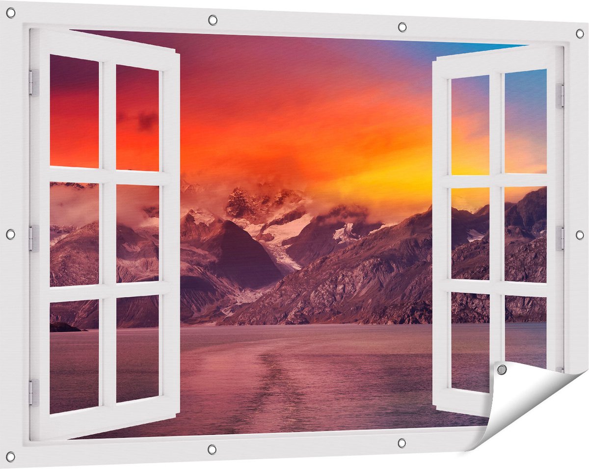 Gards Tuinposter Doorkijk Meer bij de Bergen bij Zonsondergang - 120x80 cm - Tuindoek - Tuindecoratie - Wanddecoratie buiten - Tuinschilderij Wit
