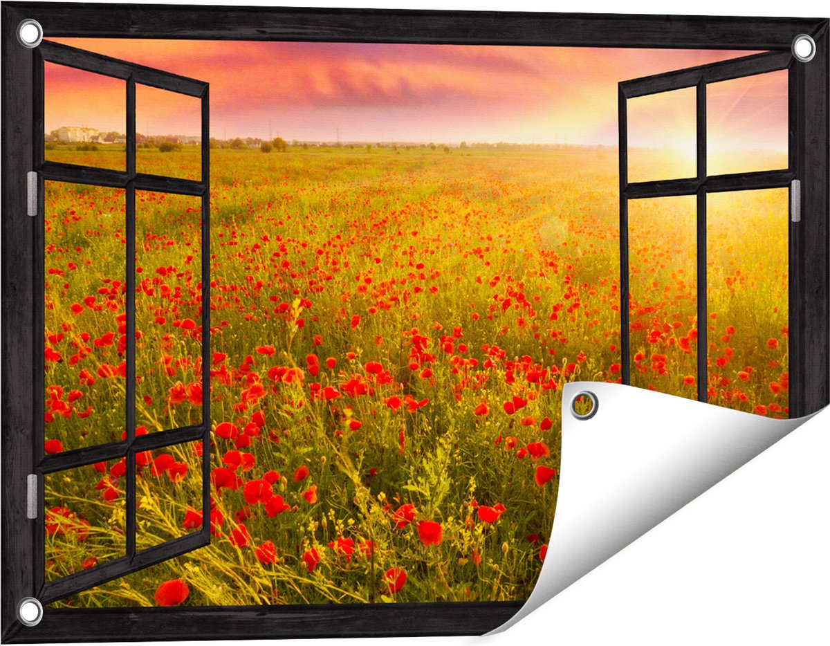 Gards Tuinposter Doorkijk Rode Klaproos Bloemenveld - Zonsondergang - 60x40 cm - Tuindoek - Tuindecoratie - Wanddecoratie buiten - Tuinschilderij Zwart