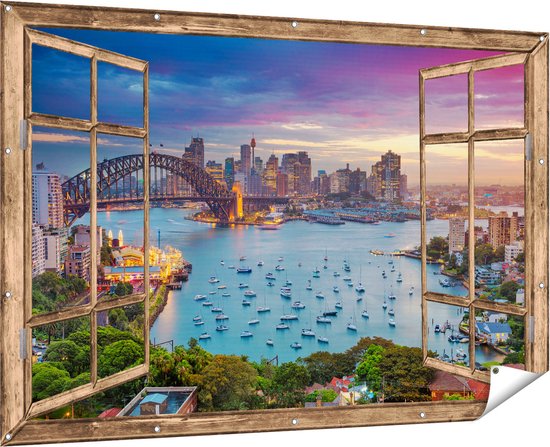 Gards Poster de Jardin Vue du Sydney Harbour Bridge le Soir - 180x120 cm - Toile de jardin - Décoration de jardin - Décoration murale extérieure - Tableau de jardin